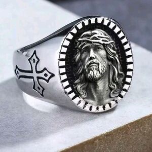 Men's Antique Style Stainless Steel Jesus Ring with Cross Design In Size 10